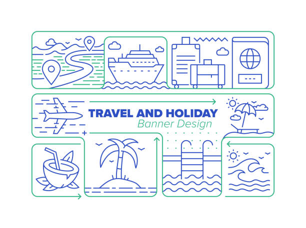 Travel and Holiday Line Icon Set and Related Process Infographic Design Travel and Holiday Line Icon Set and Related Process Infographic Design cruise ship cruise passport map stock illustrations