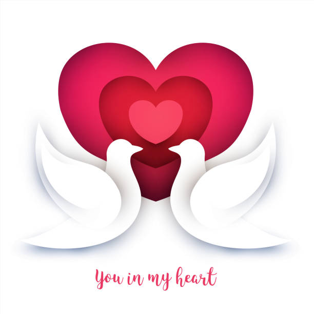 istock Cartoon two doves and heart in modern paper cut style. Minimalistic colorful design composition. Template background for banner, invitation, greeting card, cover, poster. Vector illustration. 1353787892