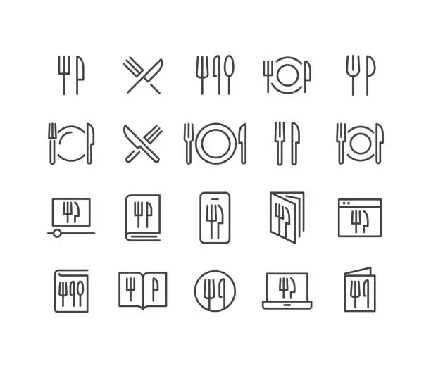 Vector illustration of Fork, knife and Plate Icons - Classic Line Series
