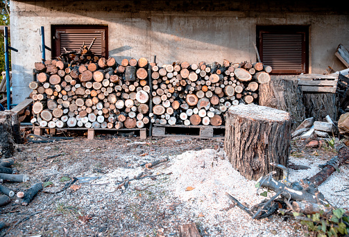 Pile of wood at a lumberyard - carpentry industry concepts