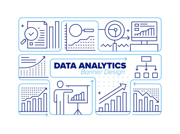 data analytics line icon set und zugehöriges prozess-infografik-design - pro und kontra grafiken stock-grafiken, -clipart, -cartoons und -symbole
