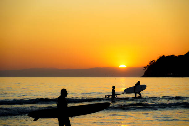Twilight of Kamakura coast and surfer silhouette. Shooting Location: Kamakura, Kanagawa Prefecture