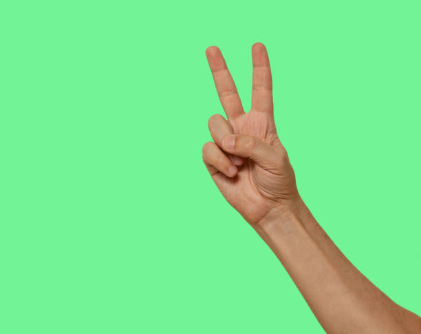 istock Hand shows victory sign on isolated green screen background 1353789643