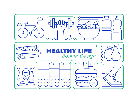 Healthy Life Line Icon Set and Related Process Infographic Design