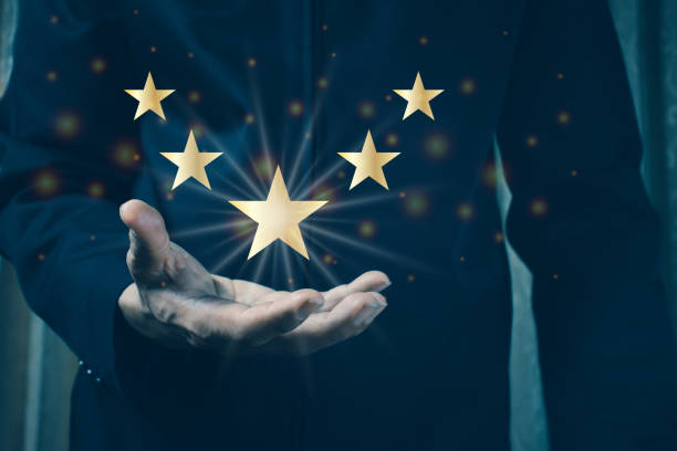 istock businessman touching with a screen Five stars (5) rating 1353790144