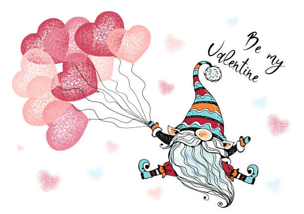Valentine's Day card with a cute gnome with balloons in the form of hearts . Vector Valentine's Day card with a cute gnome with balloons in the form of hearts . Vector. february stock illustrations