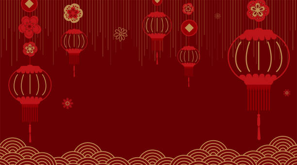 istock Happy Chinese new year 2022 vector background. Greeting banner with zodiac symbol, lantern, cloud, flowers, texture effect on dark red backdrop. Pattern in simple flat line style 1353793195