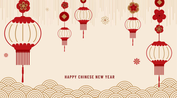 Chinese new year 2022 vector background. Greeting banner with zodiac symbol, lantern, cloud, flowers, texture effect. Pattern in simple flat line style Chinese new year 2022 vector background. Greeting banner with zodiac symbol, lantern, cloud, flowers, texture effect. Pattern in simple flat line style. chinese new year stock illustrations