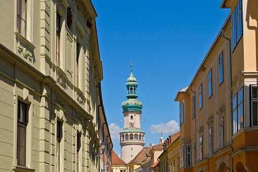 The old town and the fire tower of the city of Sopron in western Hungary.