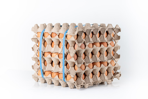 eggs in paper trays on white background with blue plastic strap.