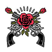 istock Two crossed pistols and roses. Vector illustration. 1353799527