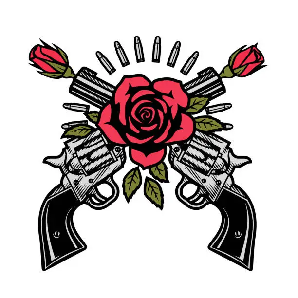 Vector illustration of Two crossed pistols and roses.