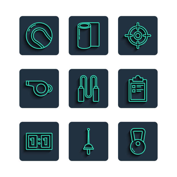 Set line Sport mechanical scoreboard, Fencing, Kettlebell, Target sport, Jump rope, Whistle, Baseball ball and training program icon. Vector Set line Sport mechanical scoreboard Fencing Kettlebell Target sport Jump rope Whistle Baseball ball and training program icon. Vector. baseball-scorecard stock illustrations