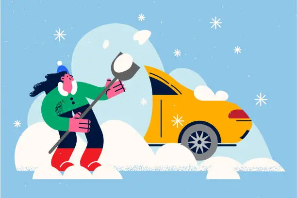 Vector illustration of Woman dig out car from snow pile