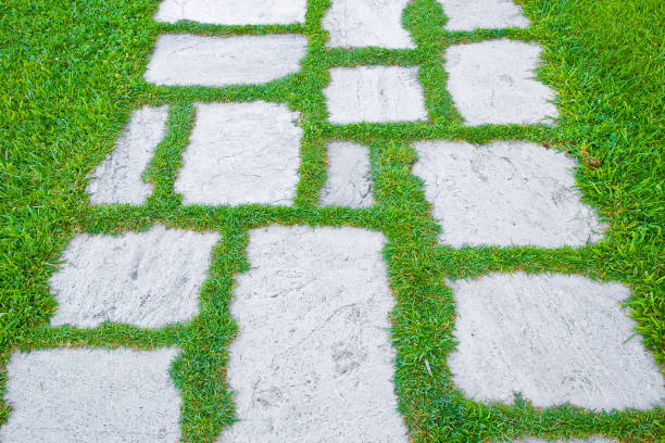 istock Old paving in a public park made with irregularly shaped stone blocks in a pedestrian zone and fresh green lawn 1353800893