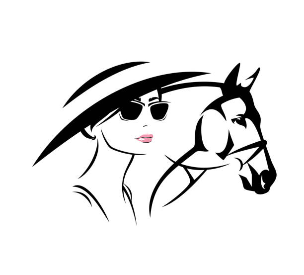 векторный портрет скаковых лошадей и элегантной женщины в широкой шляпе и солнцезащитных очках на ипподроме - поле шляпы stock illustrations