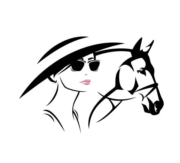 Vector illustration of vector portrait of race horse and elegant woman wearing wide hat and sunglasses at hippodrome