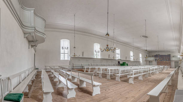 Benches inside the Moravian Church in Christiansfeld, built in August 1777 stock photo