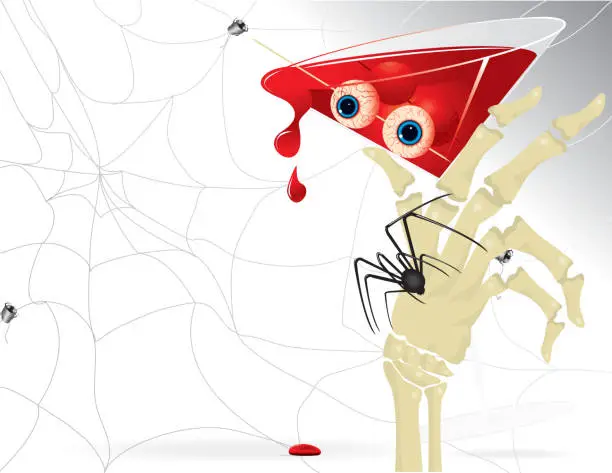 Vector illustration of Halloween Blood Martini, hand skeleton, bloodshot eyes