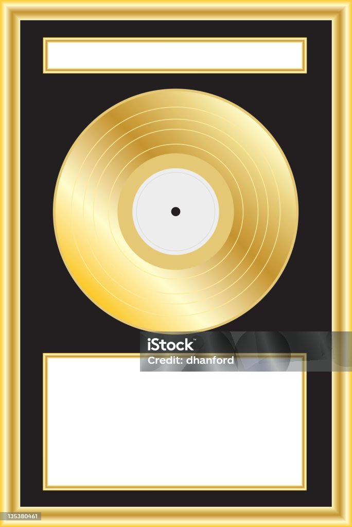 Gold Album Award or Plaque 33.3 RPM Long playing record. Gold Album Award.  Room for titles, names and photos of the successful artist.  Logical layers and groupings. Gold Record stock vector