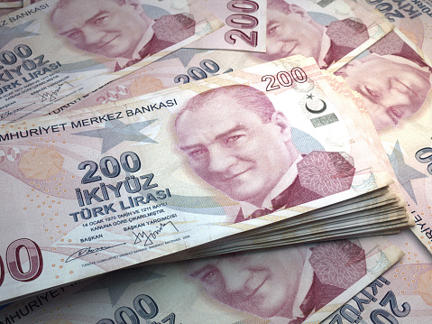 Money of Turkey. Turkish lira bills. TRY banknotes. 200 liralar. Business, finance, news background. 3d illustration.