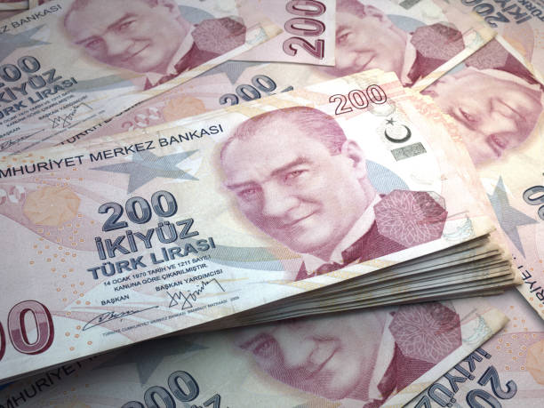 Turkish banknotes. Turkish lira bills. 200 TRY liralar. Business, finance background. 3d illustration. stock photo