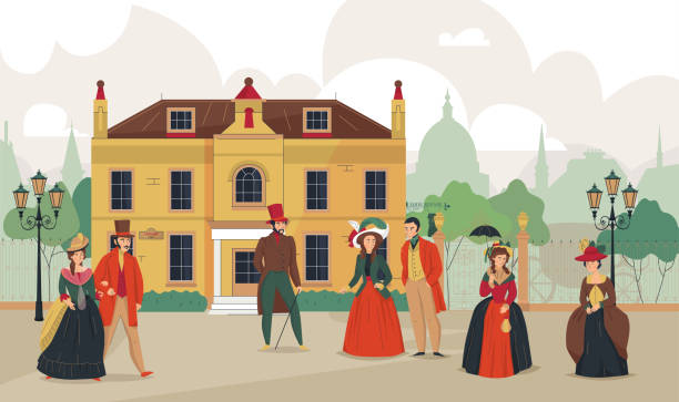 ÐÑÐ½Ð¾Ð²Ð½ÑÐµ RGB 18th 19th century old town victorian composition with outdoor landscape historic cityscape and characters of people vector illustration period costume stock illustrations