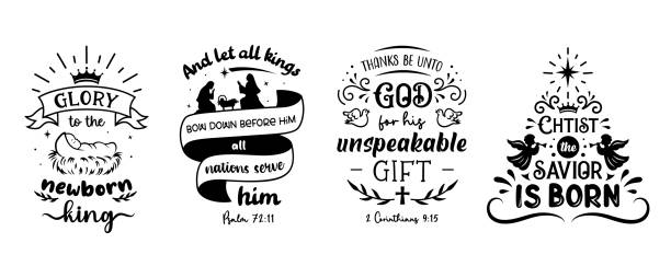Christian Christmas signs and nativity scene. Religious quote and bible verse. Vector silhouette design. Christian Christmas set with nativity scene and quotes. Religious christmas sign with bible verse. Scenes of the birth of Jesus, symbols and phrases on the theme of Christmas, faith and religion. Vector silhouette illustration. religious text stock illustrations