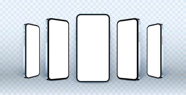 투명한 배경에서 격리된 3d 전화 모형. 빈 화면, 새로운 모델과 파란색 현실적인 스마트 폰 템플릿. 웹 또는 앱 디자인 프레젠테이션을 위한 모바일 개념 유지. - iphone stock illustrations