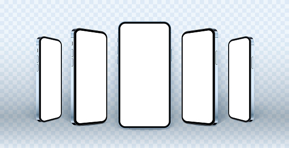 3D phone mockups isolated on transparent background. Blue realistic smartphone templates with blank screen, new model. Standing mobile concept for your web or app design presentation.