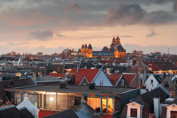 Amsterdam; Netherlands view of the cityscape from De Pijp at dusk.