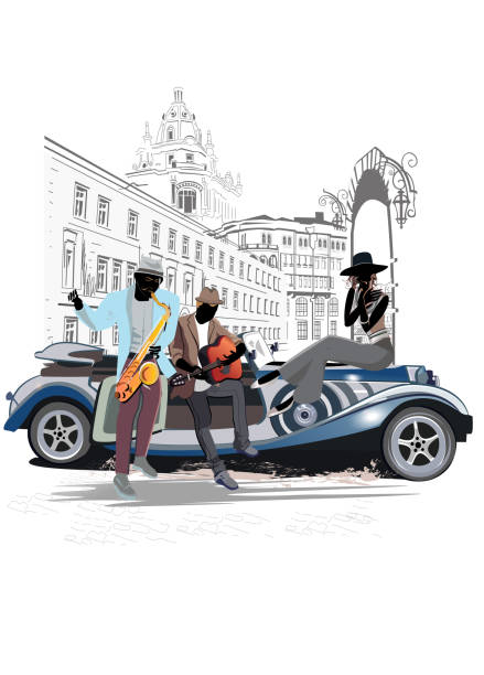 serie von straßenmusikern in der stadt. jazzband in der nähe des retro-autos. - popular music concert singer silhouette musical band stock-grafiken, -clipart, -cartoons und -symbole