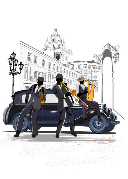 serie von straßenmusikern in der stadt. jazzband in der nähe des retro-autos. - popular music concert singer silhouette musical band stock-grafiken, -clipart, -cartoons und -symbole