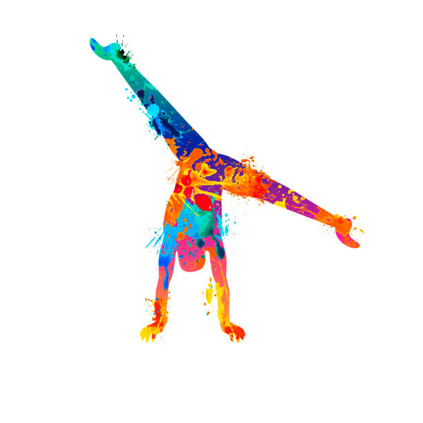 Sports gymnast vector splash paint icon Sports gymnast silhouette. Acrobatics tumbling vector splash paint icon gymnastics stretches stock illustrations