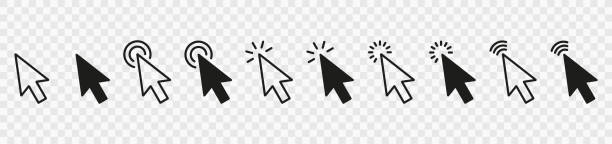 ilustrații de stoc cu computer mouse pointer icoane set pe fundal transparent. faceți clic pe web faceți clic pe linia indicatorului săgeată și pictograma siluetă. colectia de black computer cursor. ilustrație vectorială izolată - săgeată de mouse