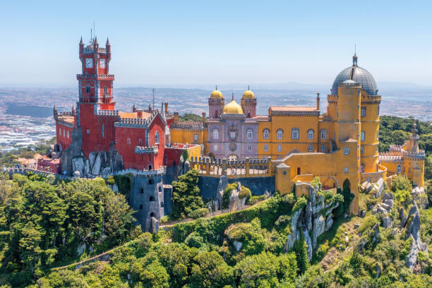 Pena Palace, Sintra, Portugal - August 11, 2021: An elevated view of the famous Pena Palace.