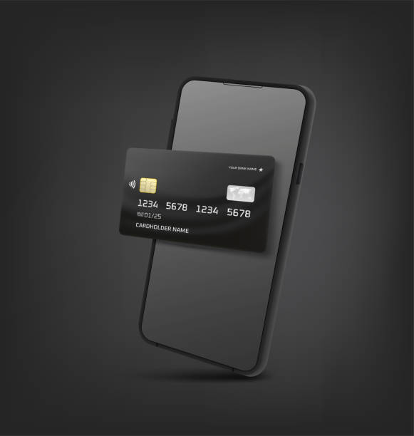 illustrazioni stock, clip art, cartoni animati e icone di tendenza di smartphone nero con blck card. concetto di applicazione bancaria - pagamento mobile
