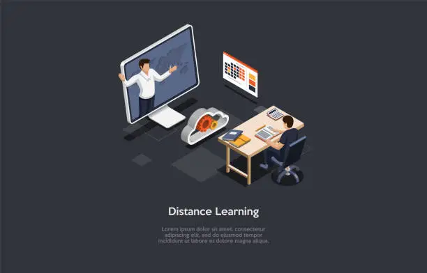 Vector illustration of Distance Learning Class Concept Illustration In Cartoon 3D Style. Isometric Composition On Dark Background With Writing. Remote Education Ideas, Quarantine Issues. Modern Ways Of Studying And Teaching