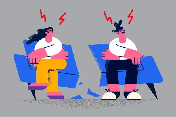 Vector illustration of Angry couple sit on broken couch have fight