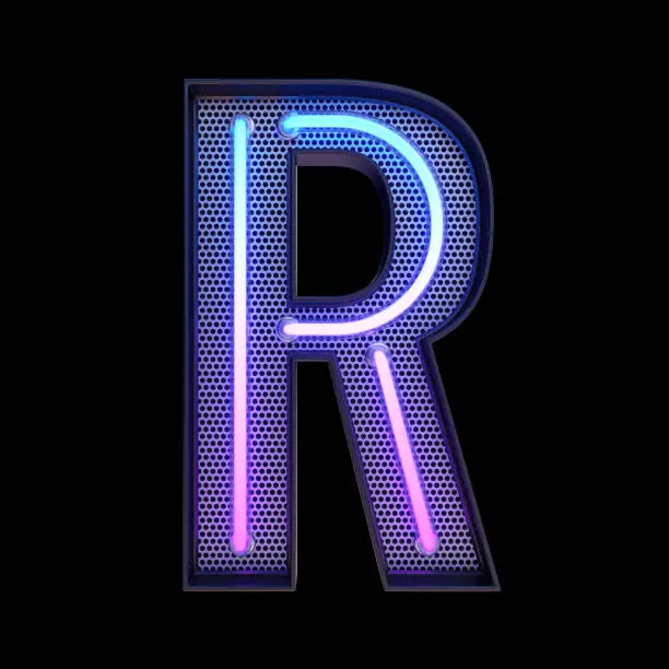 Photo of Neon retro Light Alphabet letter R isolated on a black background with Clipping Path. 3d illustration.