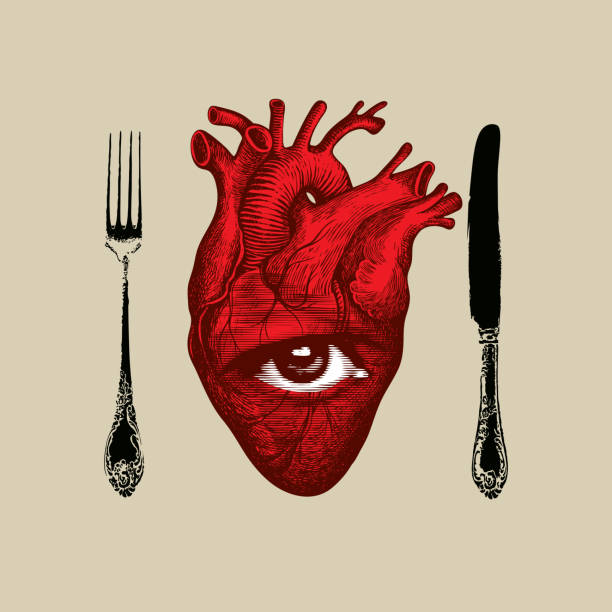 banner with a red human heart, eye and cutlery Vector banner with a red human heart, single eye and old cutlery on a beige background. Abstract banner in retro style with a detailed drawing of a human internal organ. Dinner of a maniac cannibal blood wallpaper stock illustrations