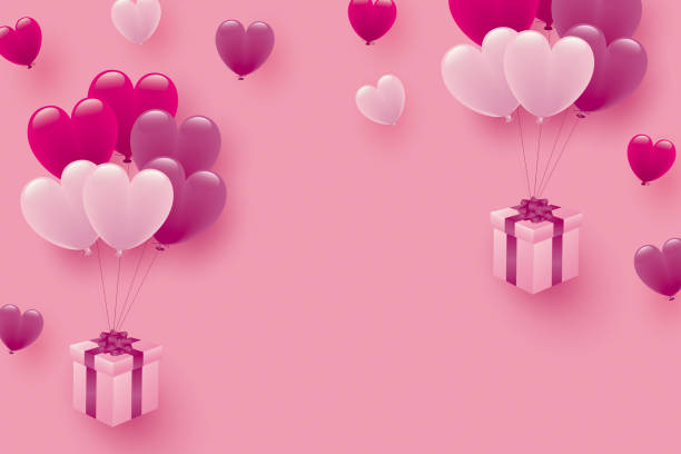 istock Illustration of pink heart balloons and gift box 1353821013