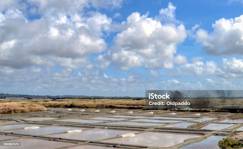 Over the salt flats Saline di Guerande, a French commune located in the Loire-Atlantique department famous for the production of salt that is still harvested by hand Guerande Stock Photo