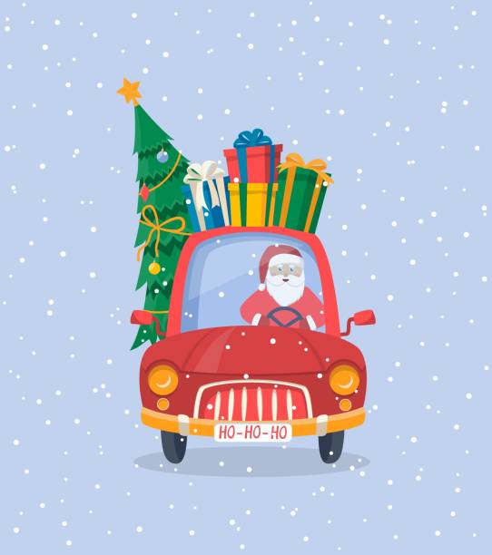 ilustrações de stock, clip art, desenhos animados e ícones de car with santa claus - dinner friends christmas