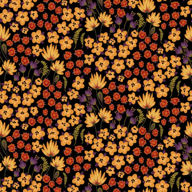 Vector illustration of Seamless pattern with various small flower heads and leaves. Floral print in warm autumn colors. Contemporary floral cover. Vector illustration.