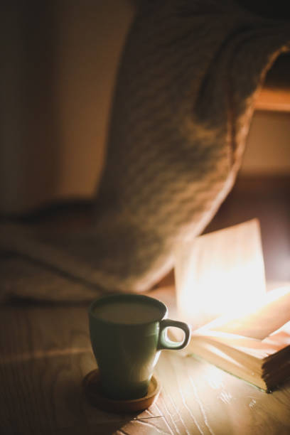 istock Cozy warm aesthetic evening atmosphere with an open book and plaid, soft focus 1353822305