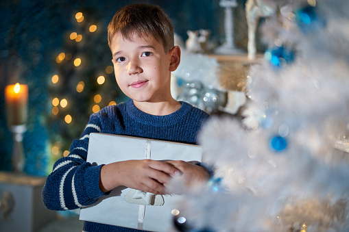 A cute elementary age boy is posing at a room decorated at Christmas. He is standing, holding the gift box, smiling and looking at the camera. Studio shooting