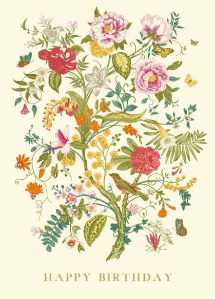 Greeting card. Happy Birthday. Greeting card. Happy Birthday. Blooming tree. Vintage floral illustration. Chinoiserie camellia plant stock illustrations