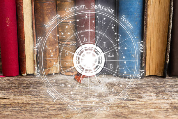 istock Vintage books and zodiac wheel with astrological signs 1353825708
