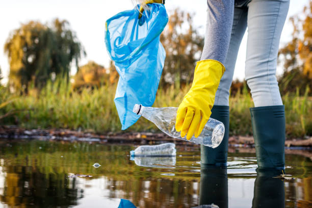 Volunteer picking up plastic bottle from polluted lake stock photo